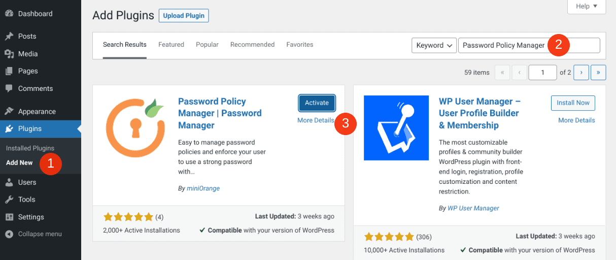 Installing the Password Policy Manager plugin.