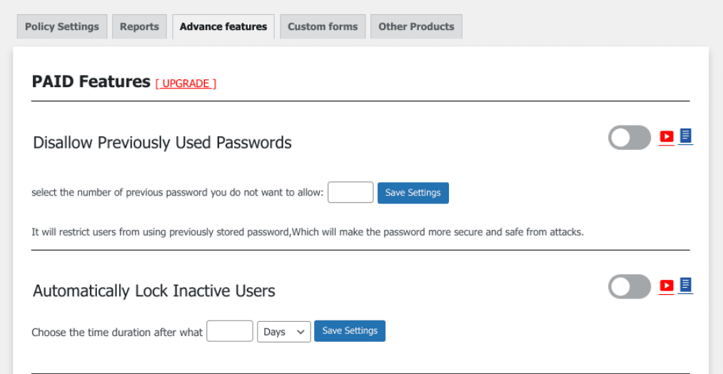 The Advanced features tab of the WordPress password policy plugin.
