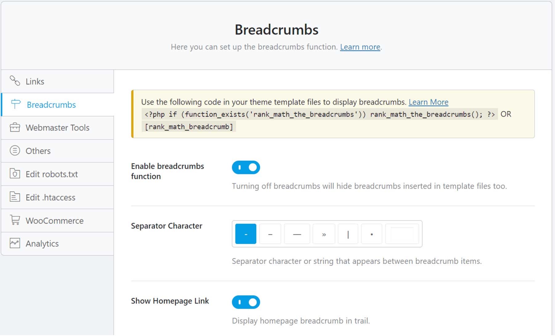 Configuring breadcrumbs using Rank Math SEO