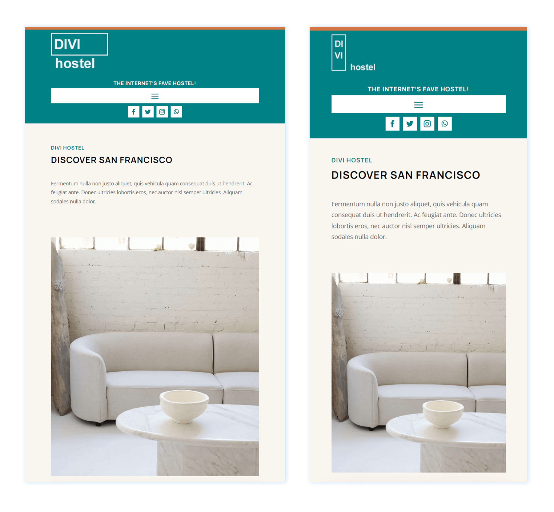 Divi Hostel Header template preview for tablet and mobile