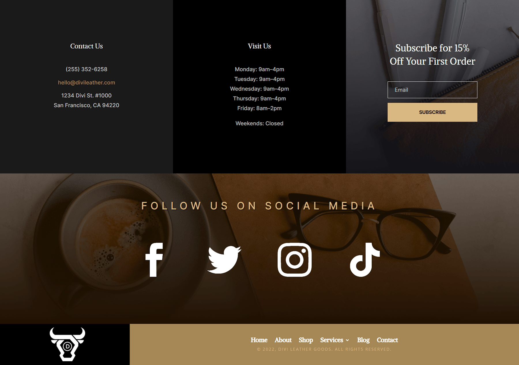 Footer design for Divi Leather Goods Layout Pack, desktop view