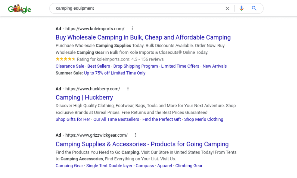 صفحه نتایج جستجوی گوگل که تبلیغات PPC برای تجهیزات کمپینگ را نشان می دهد.