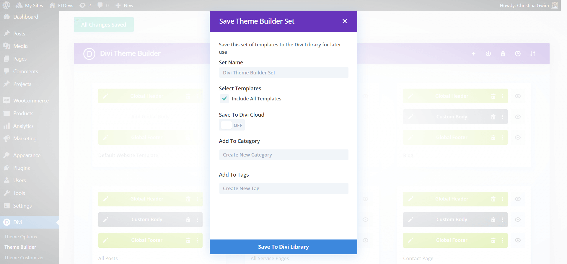 The Save Theme Builder Set Modal Box