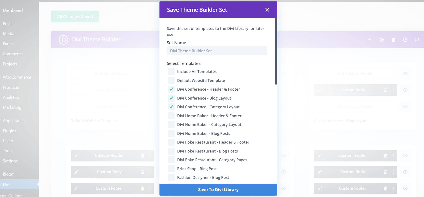 Exporting and saving Theme Builder Sets within the Divi Theme Builder Library
