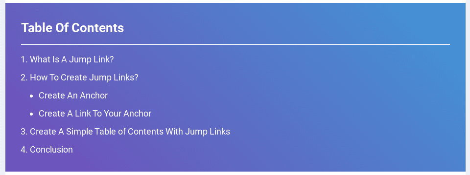 An example of a table of contents using jump links.