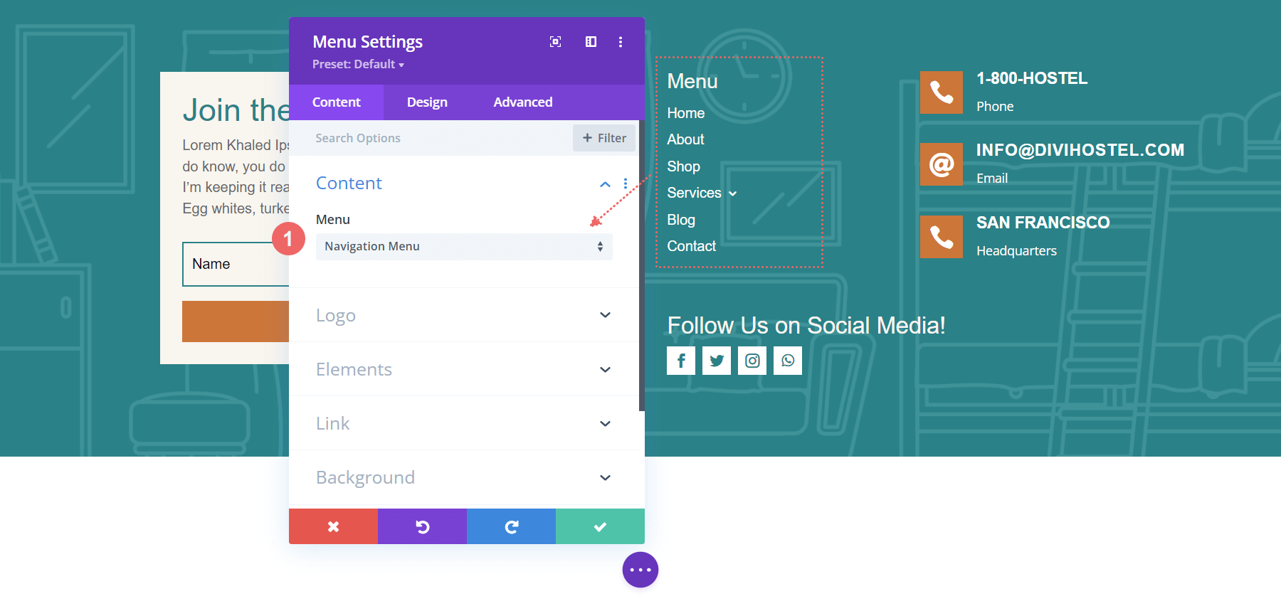 Update footer Menu Module in the Divi Hostel template