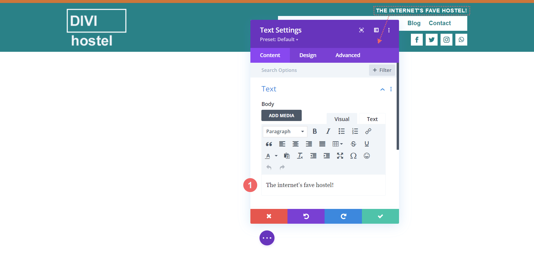 Update Text Module Call-to-Action within the Divi Hostel Header Template