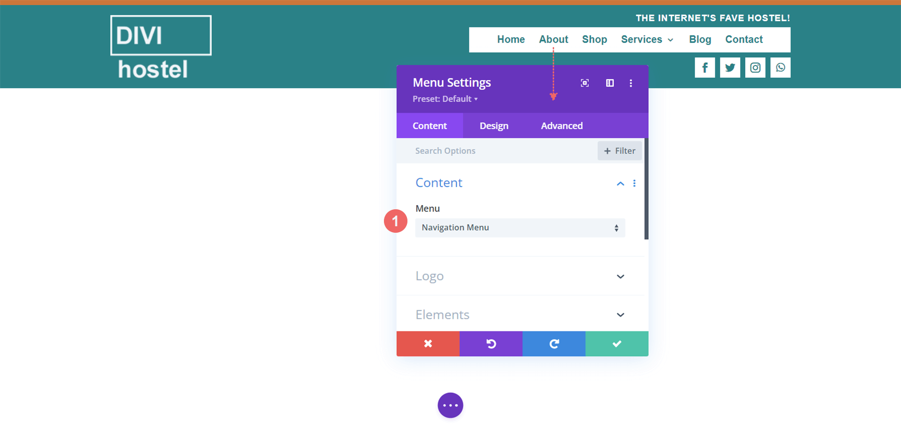 Choose your menu for the Divi Hostel template