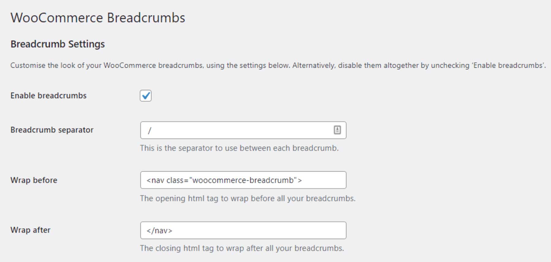 Configuring the WooCommerce Breadcrumbs plugin