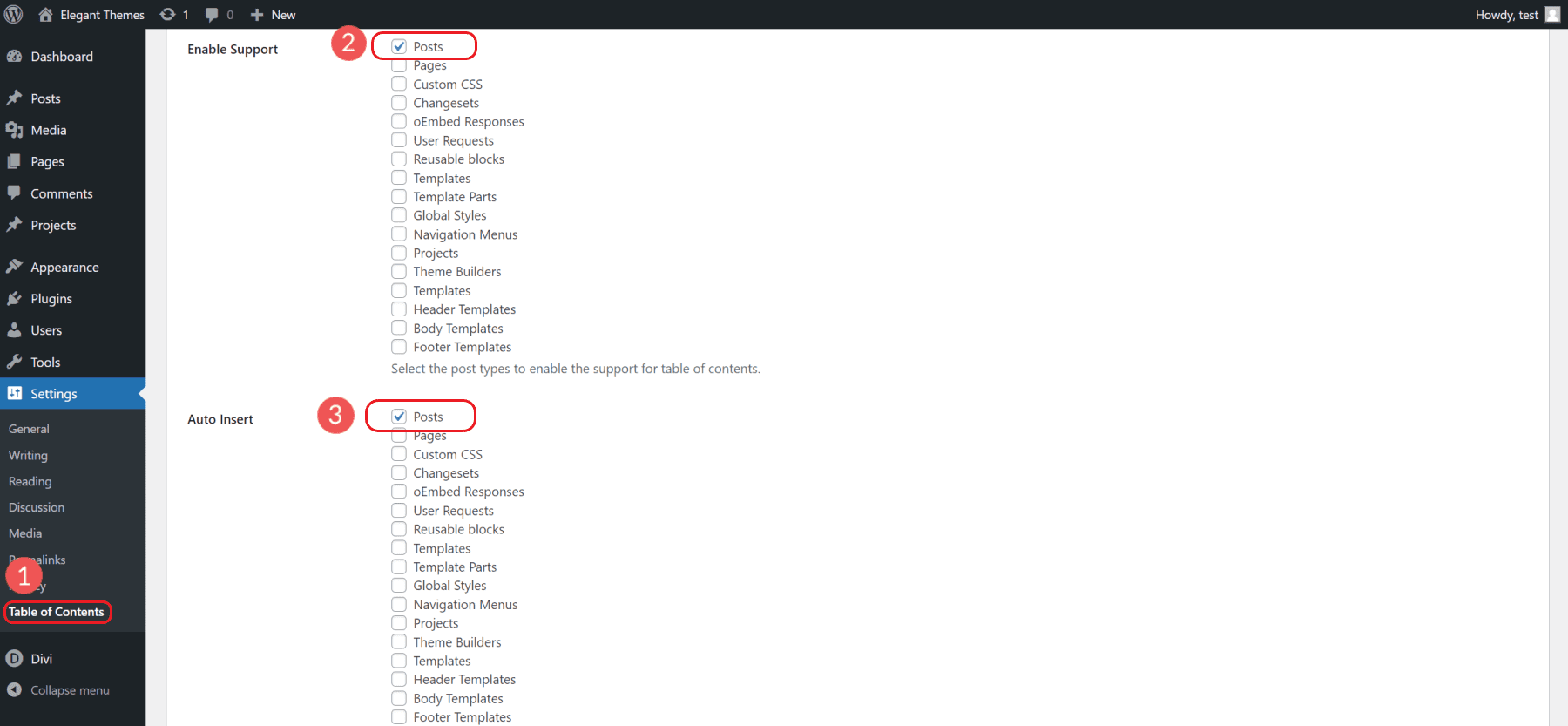 Easy Table of Contents Settings