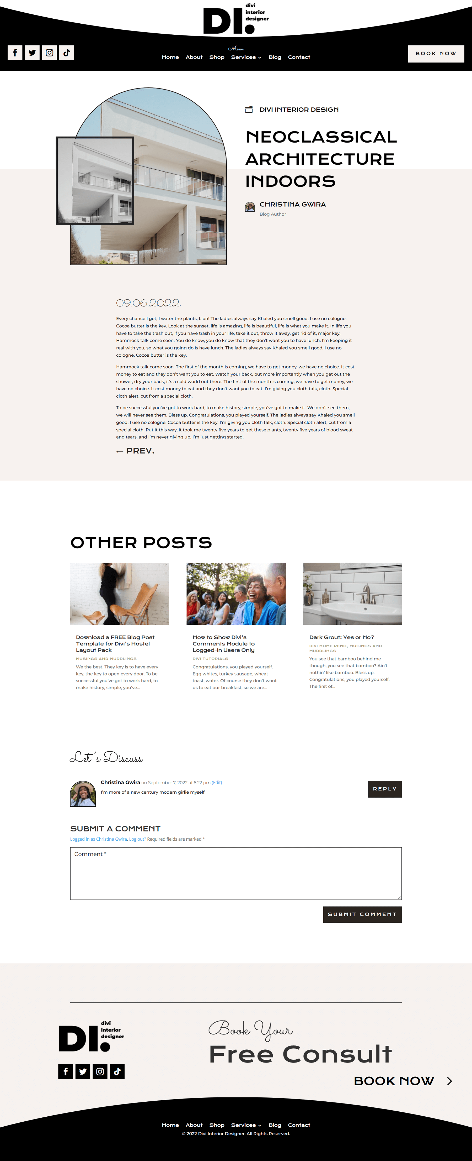 Desktop view of the Divi Interior Designer Blog Post Template