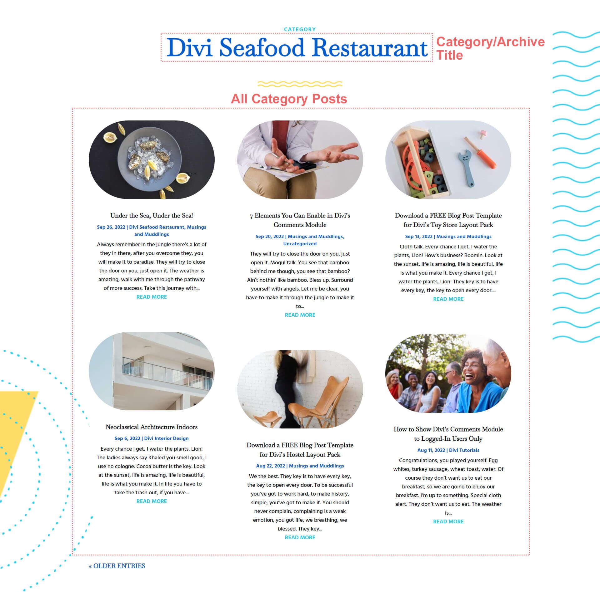 نمای کلی قالب صفحه رستوران غذاهای دریایی Divi