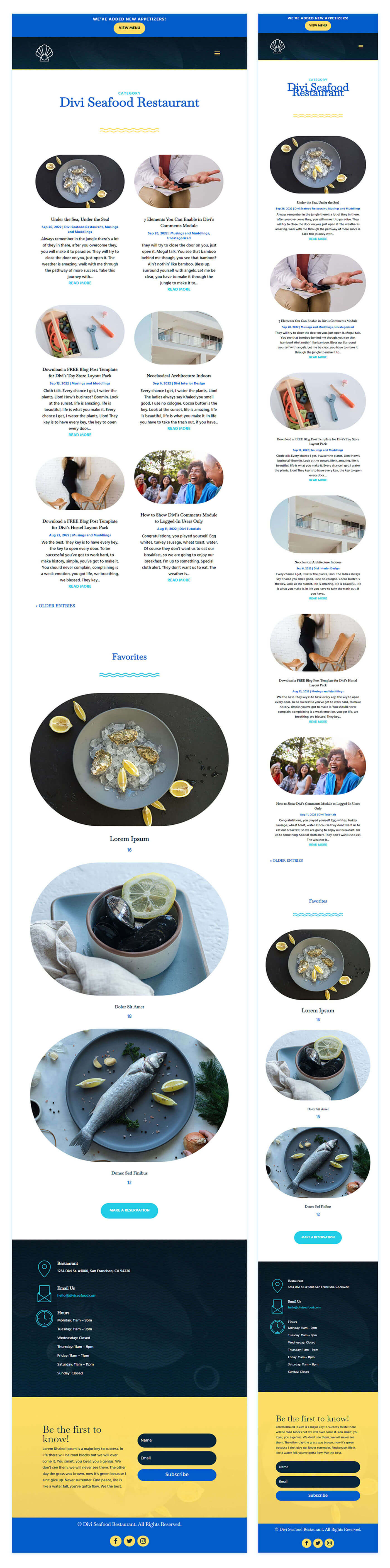 قالب صفحه دسته بندی رستوران غذاهای دریایی Divi برای تبلت و موبایل