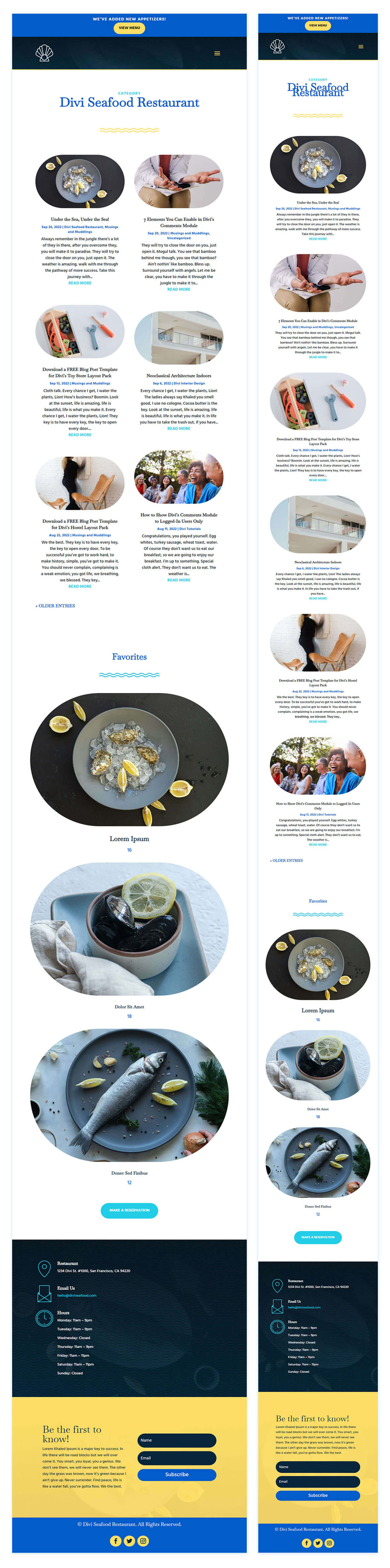 Divi Seafood Restaurant Category Page Template for tablet and mobile