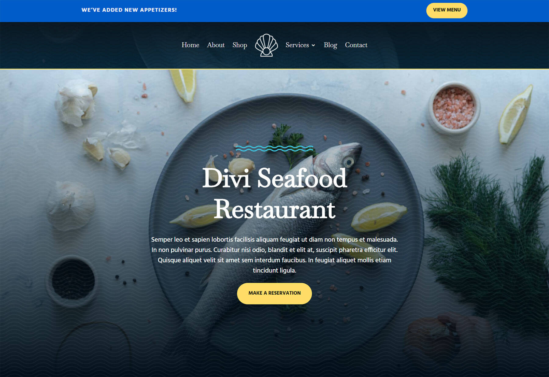 Divi Seafood Restaurant Header design desktop view