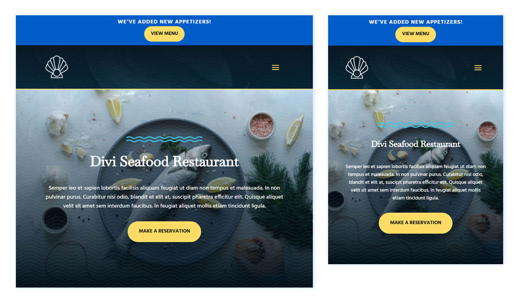 طراحی سربرگ رستوران غذاهای دریایی Divi برای نمای تبلت و موبایل
