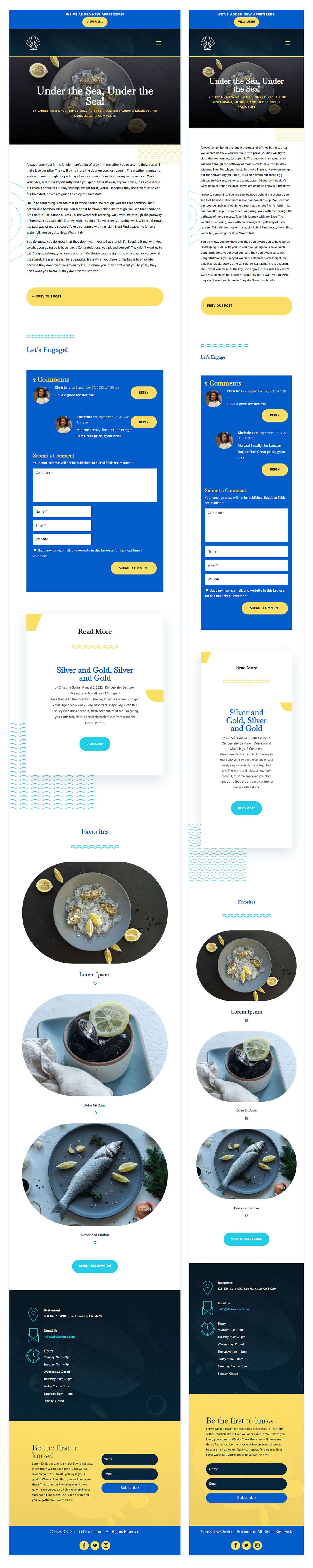 Divi Seafood Restaurant Blog Post Template for Tablet and Mobile