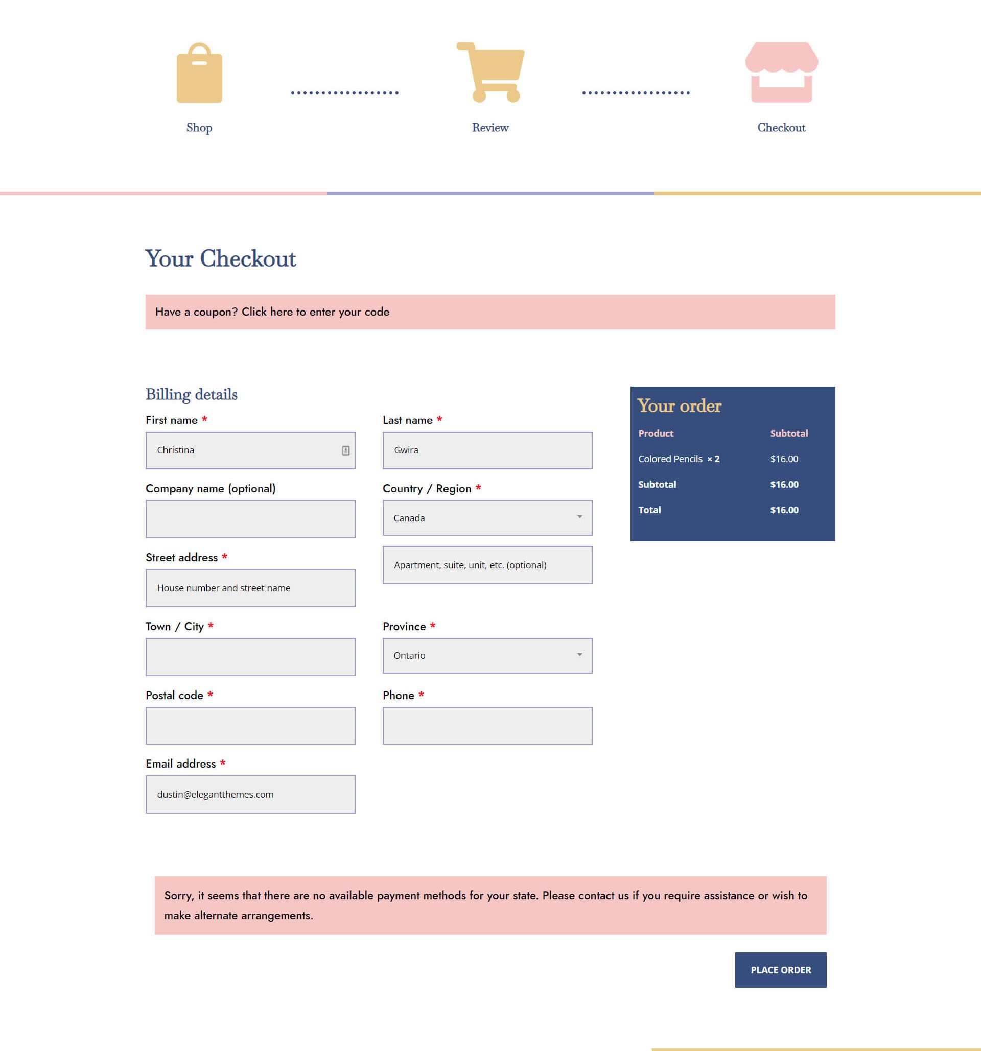 Divi Toy Store Checkout Page with Cart Flow Timeline - Checkout Template