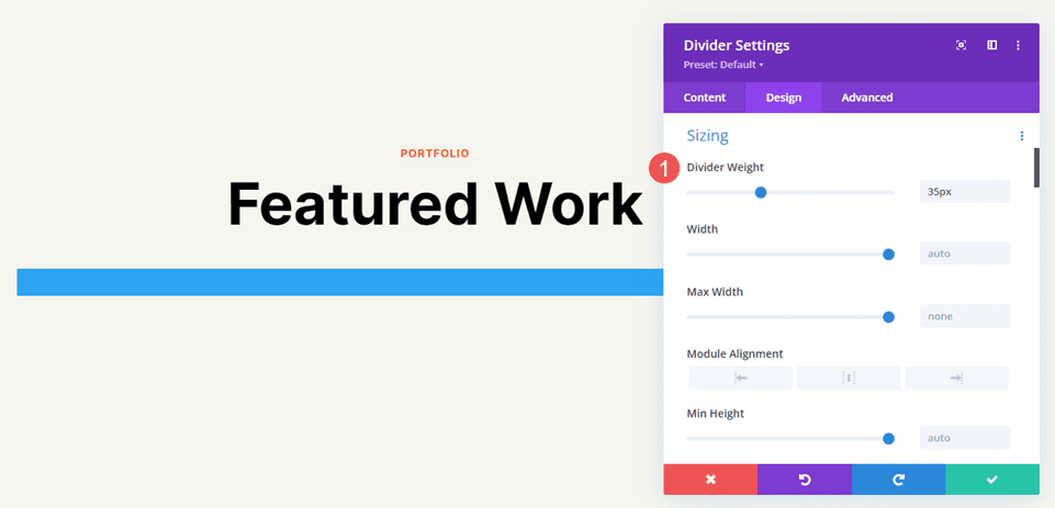 Divider Module Line Sizing Settings