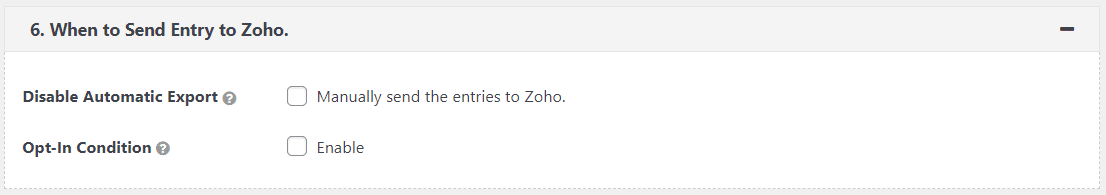 When to Send Entry to Zoho settings