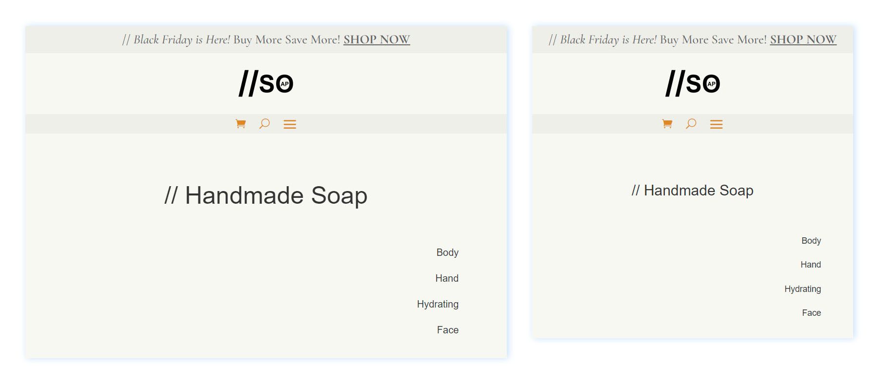 Divi Handmade Soap Header Template for Tablet and Mobile