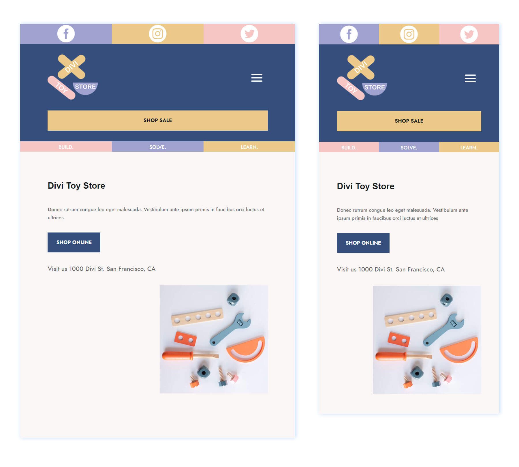 Divi Toy Store tablet and mobile header design