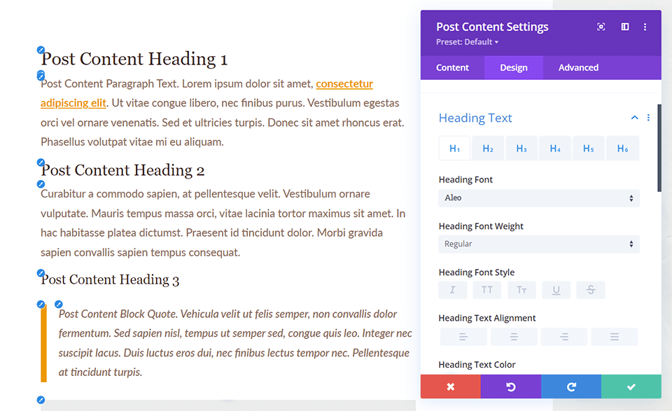 Various post content settings available to you to edit your post content with the Divi Theme Builder
