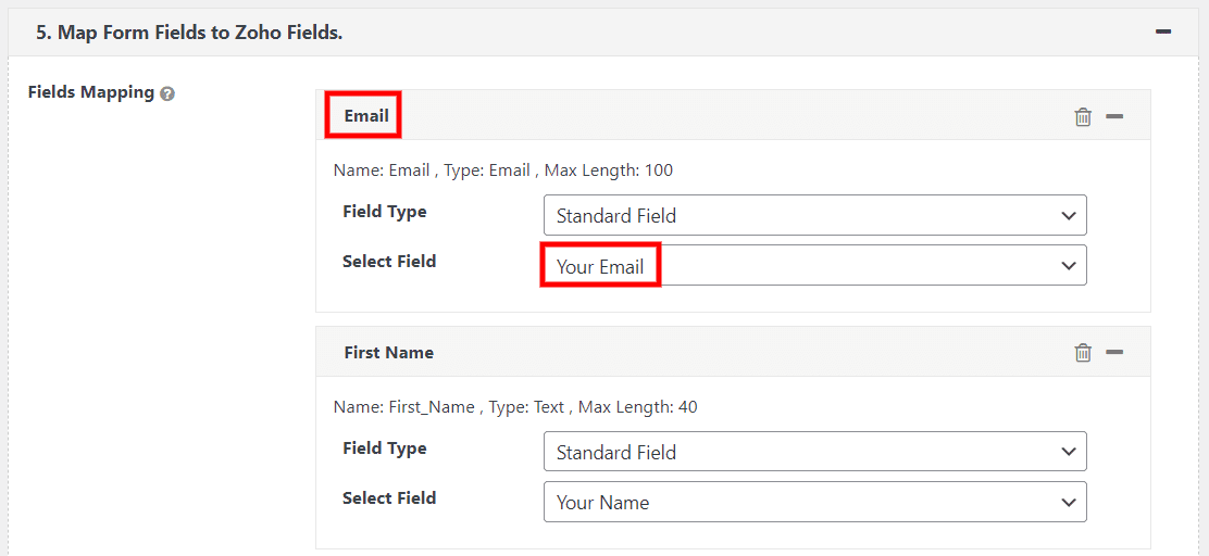 Mapping Contact Form 7 fields with Zoho fields