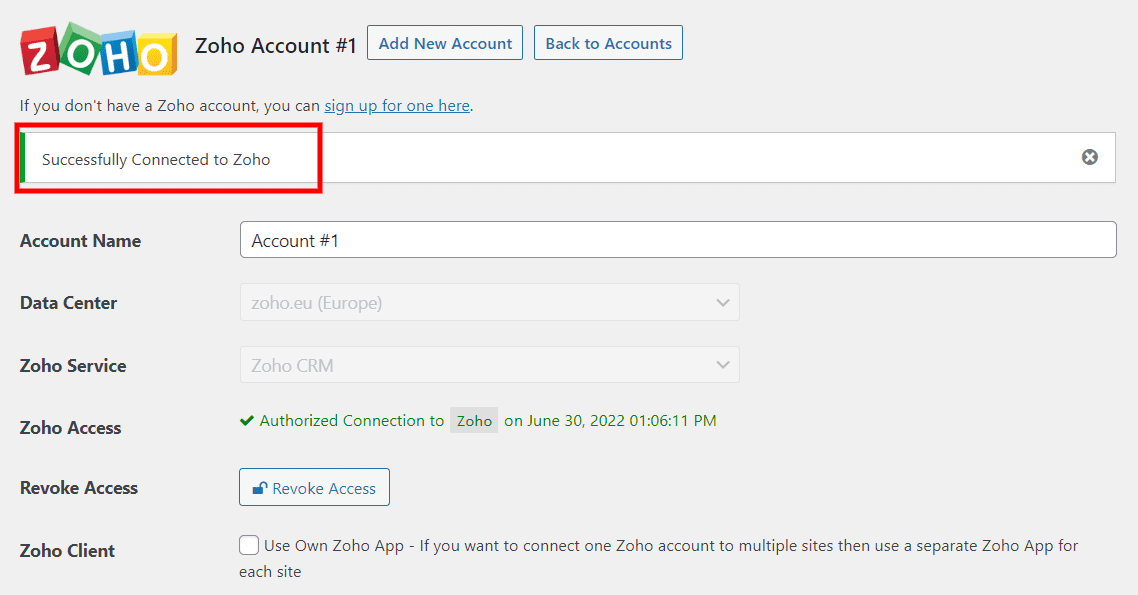 پیام موفقیت وردپرس Zoho