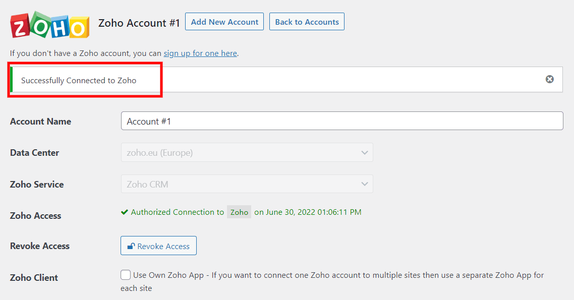 The Zoho success message in WordPress