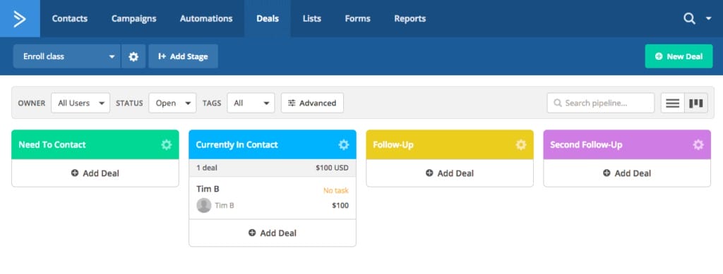 ActiveCampaign Deals Pipeline Kanban