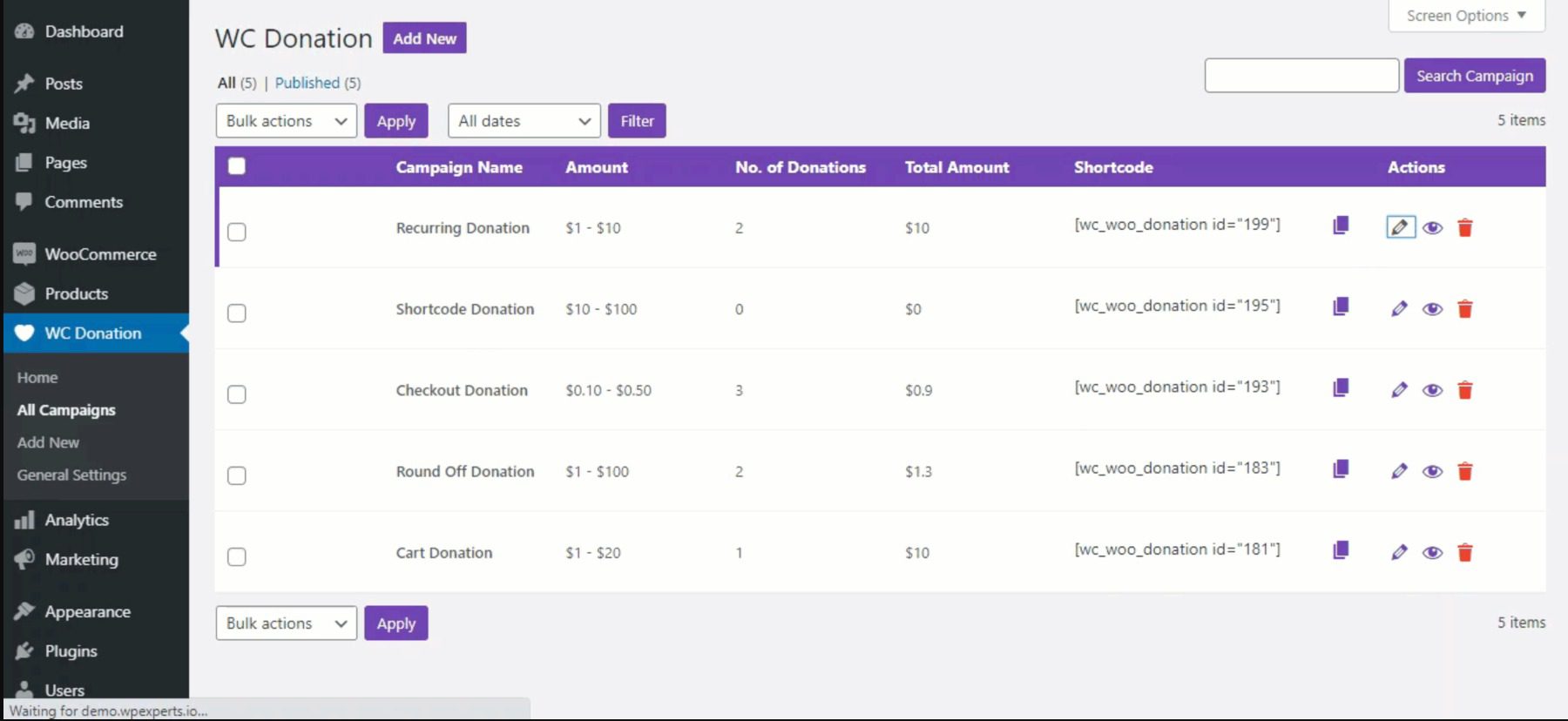 WooCommerce Donation plugin dashboard