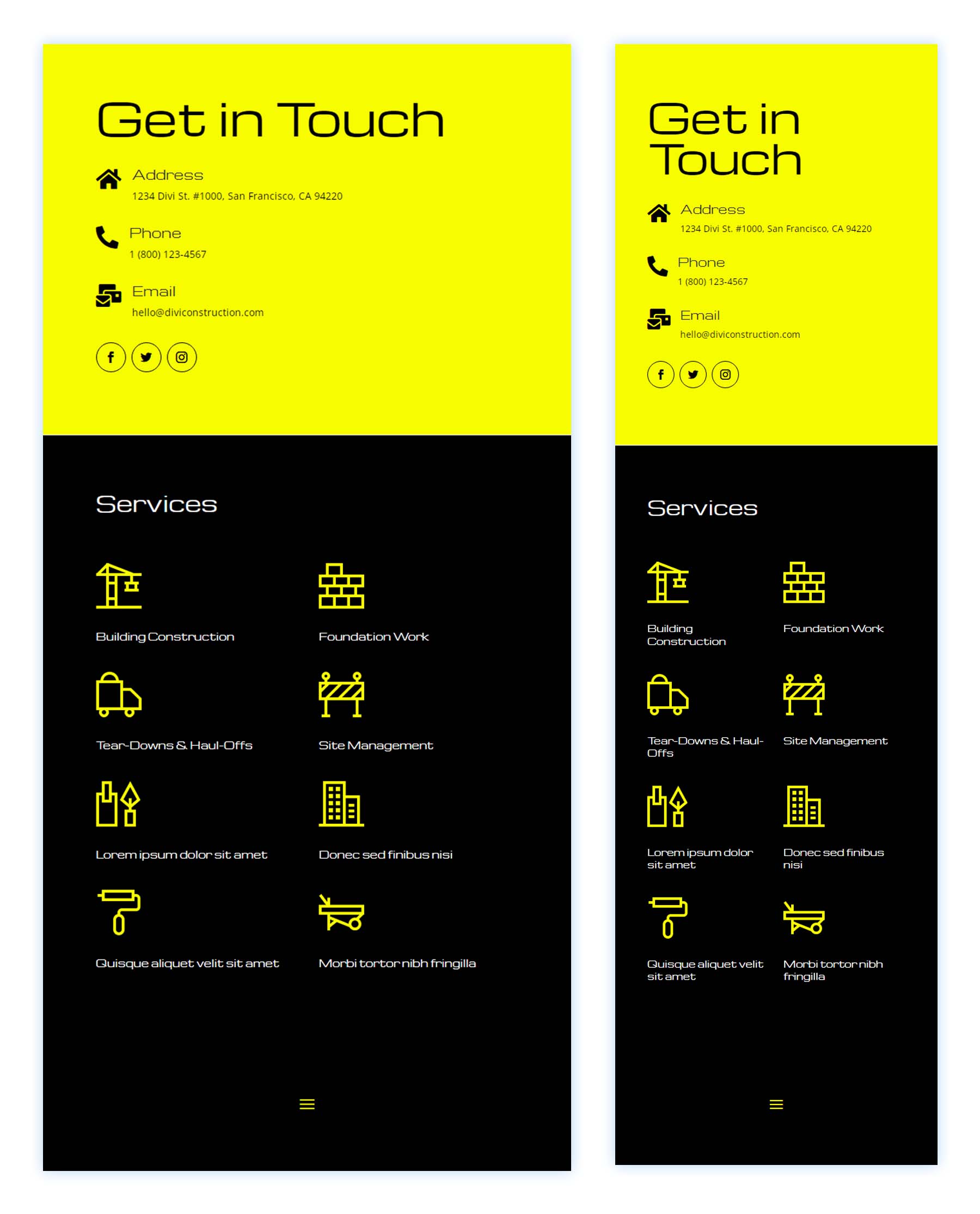 Divi Construction Layout Pack Footer Design for Tablet and Mobile