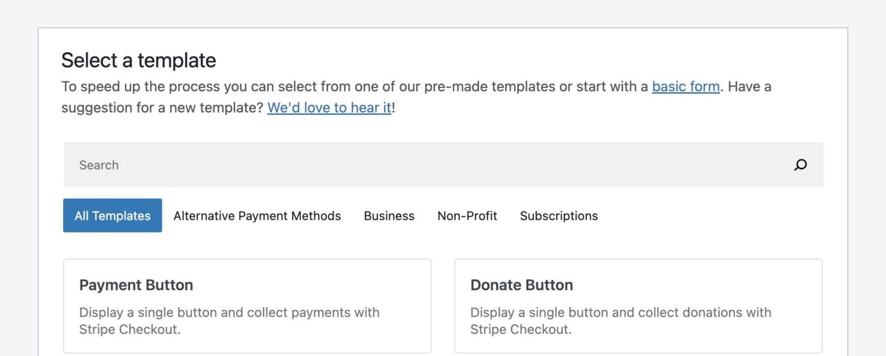 Template select donation form from WP Simple Pay