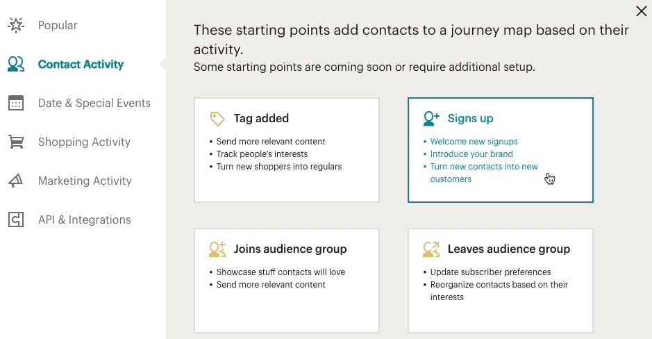 Mailchimp Contact Journey Starting Points