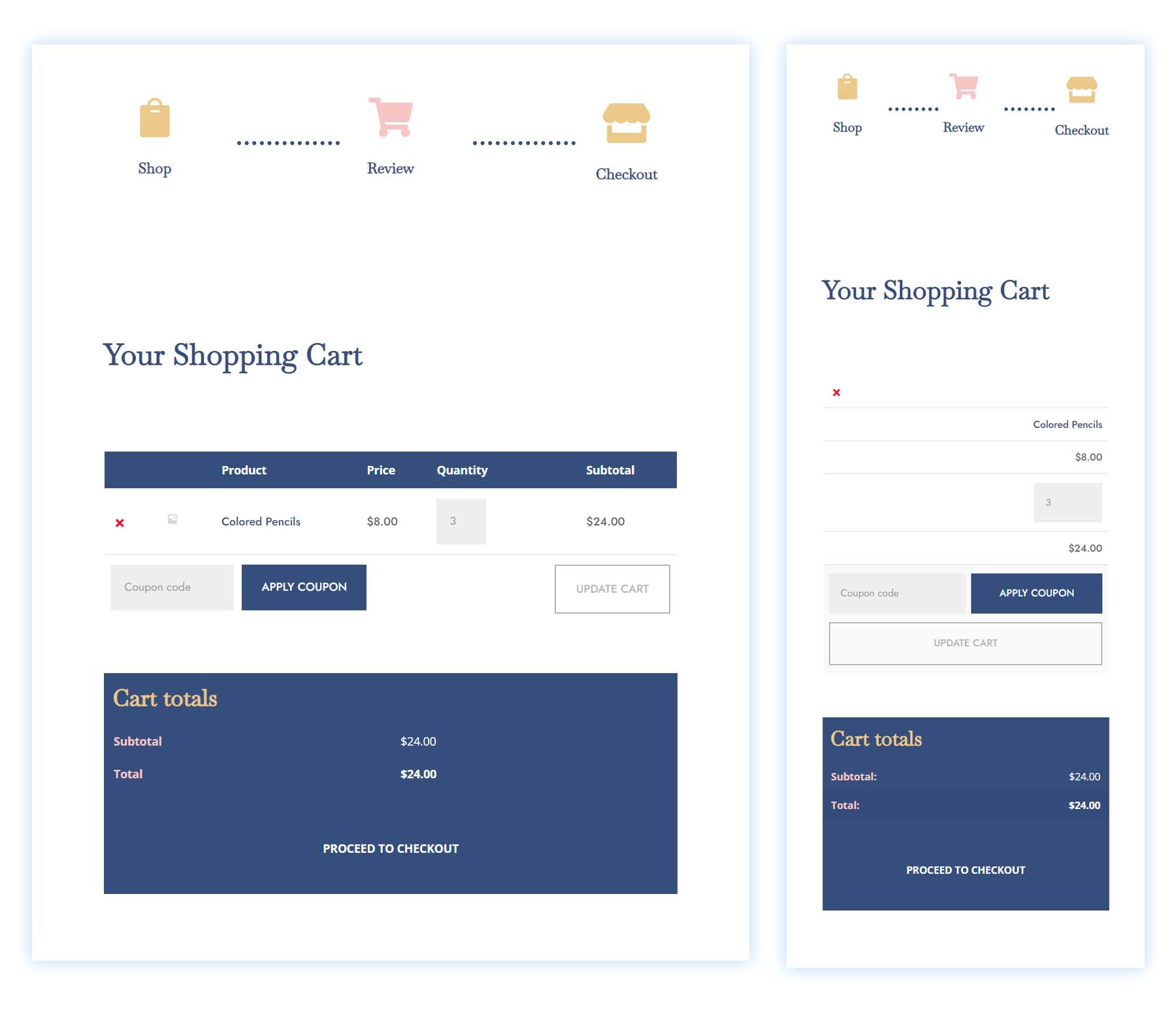 WooCommerce Cart Page Timeline Tablet and Mobile View