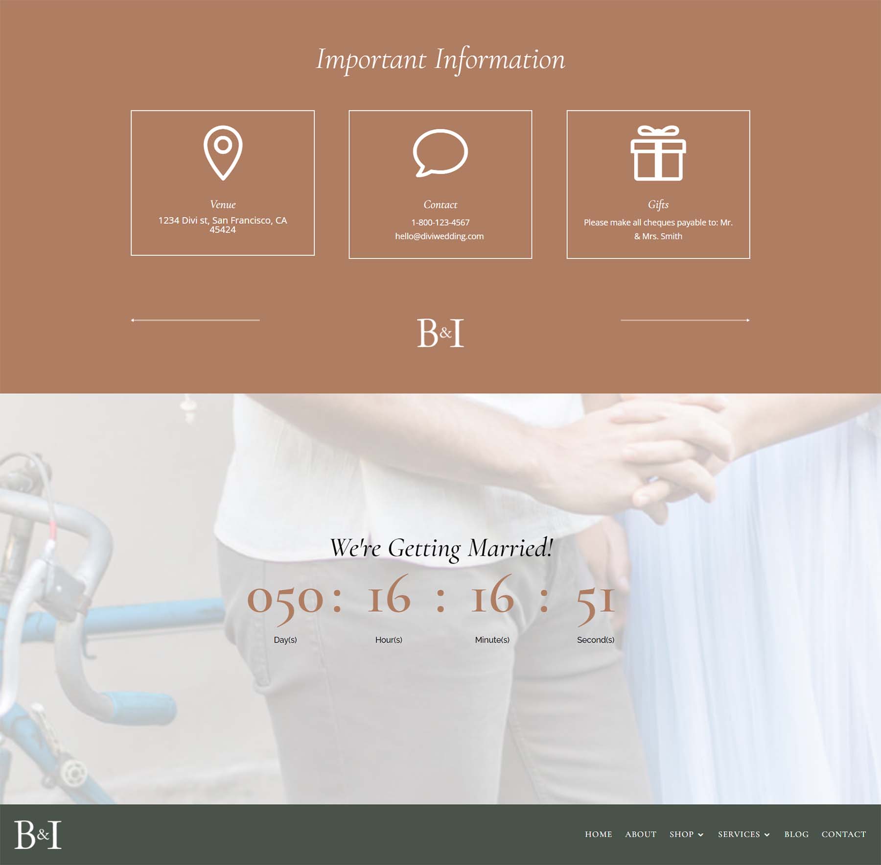 Divi Wedding Invitation Footer Layout for desktop