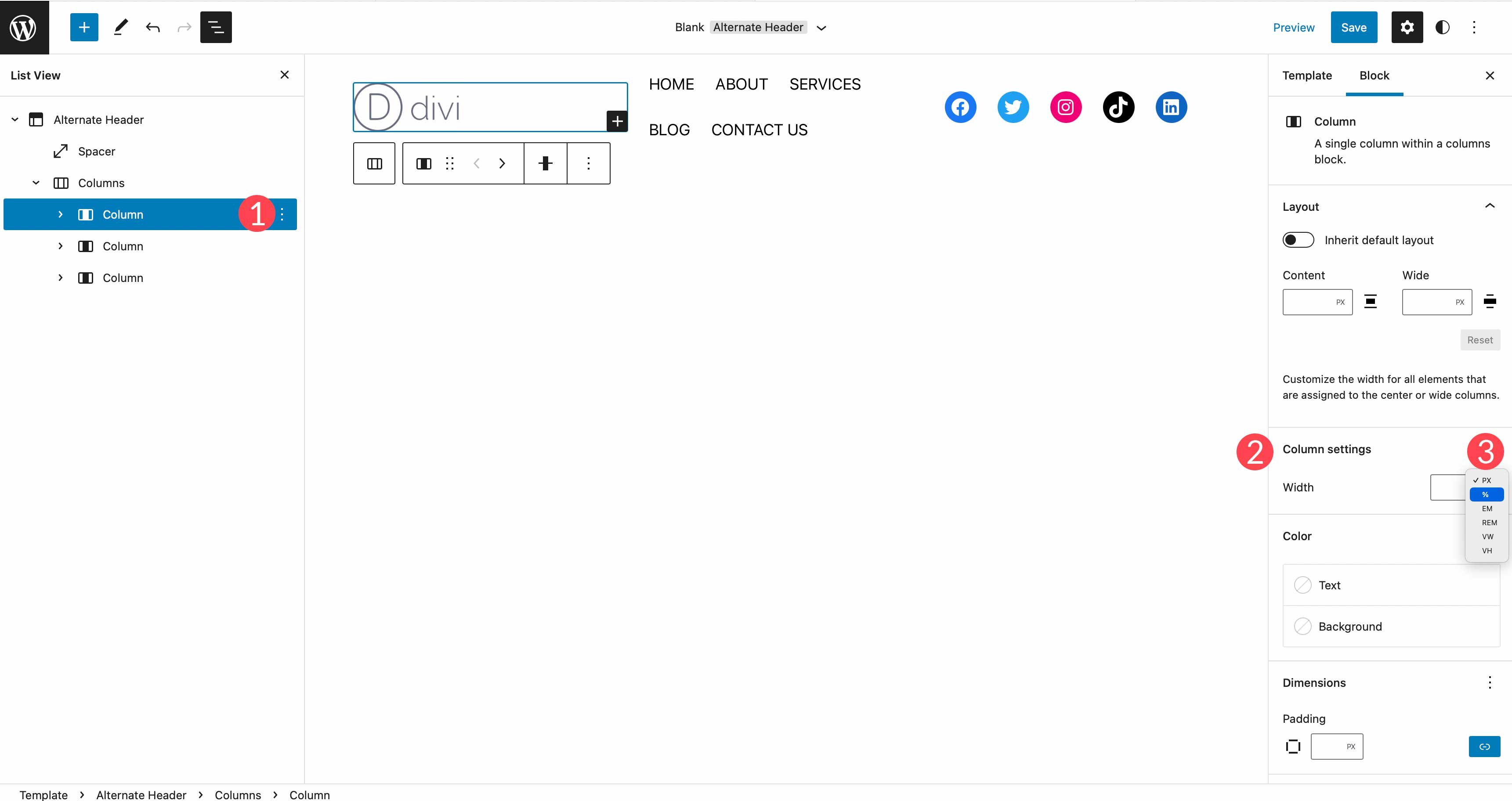 full site editing column width