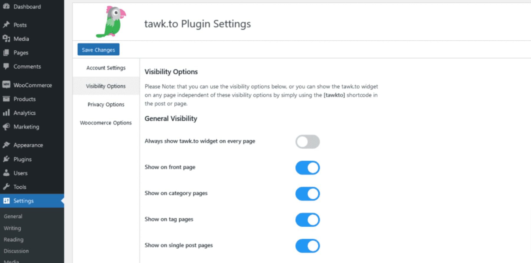 tawk.to plugin settings