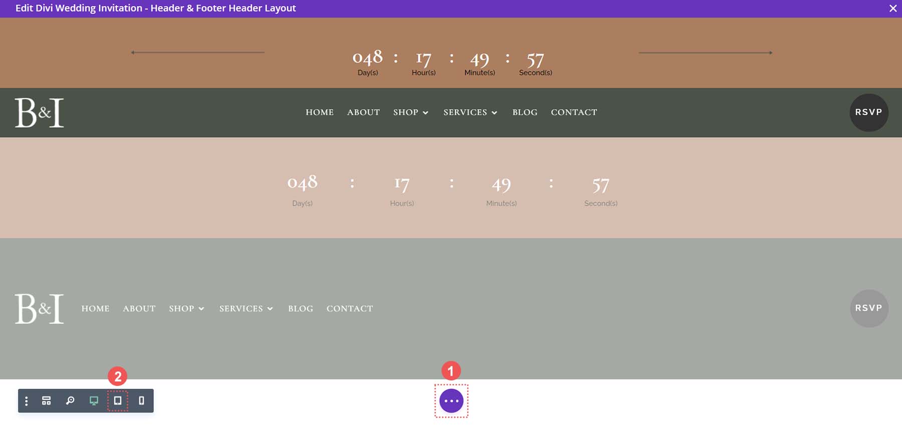 Switch from desktop to tablet view within the Divi wedding invitation template