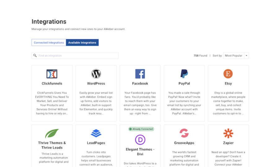 AWeber Integrations List with Divi