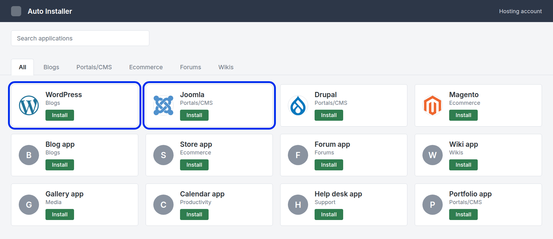 An example one-click installer listing WordPress and Joomla