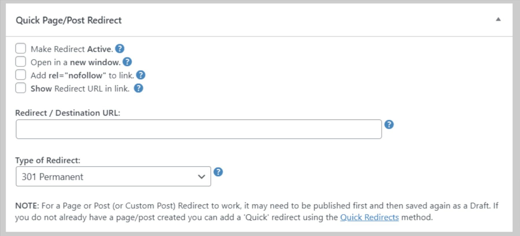 Configuring a redirect within the Block Editor