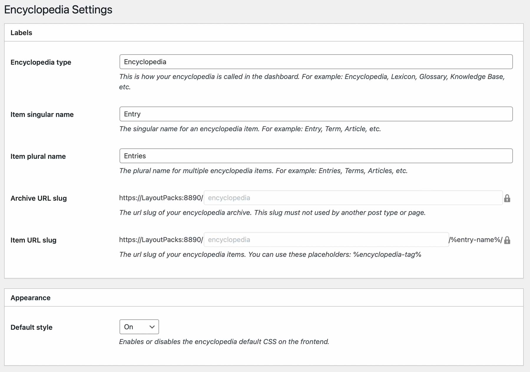 Encyclopedia settings