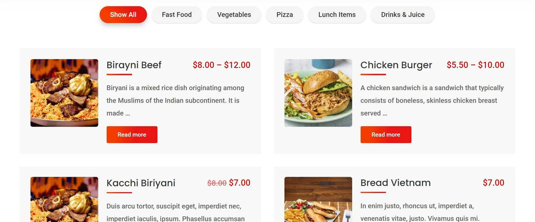 Food Menu Example of Ajax Category Filter