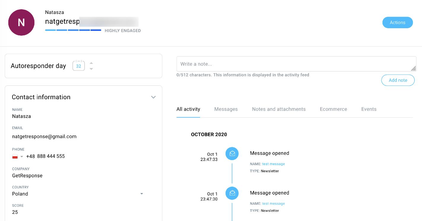 GetResponse Review of Contact Cards