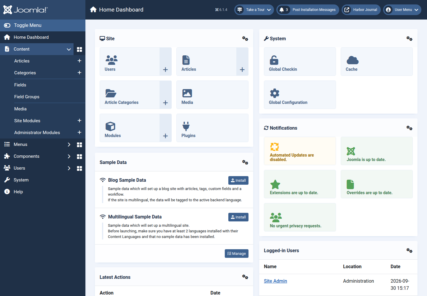 Joomla 6 admin dashboard
