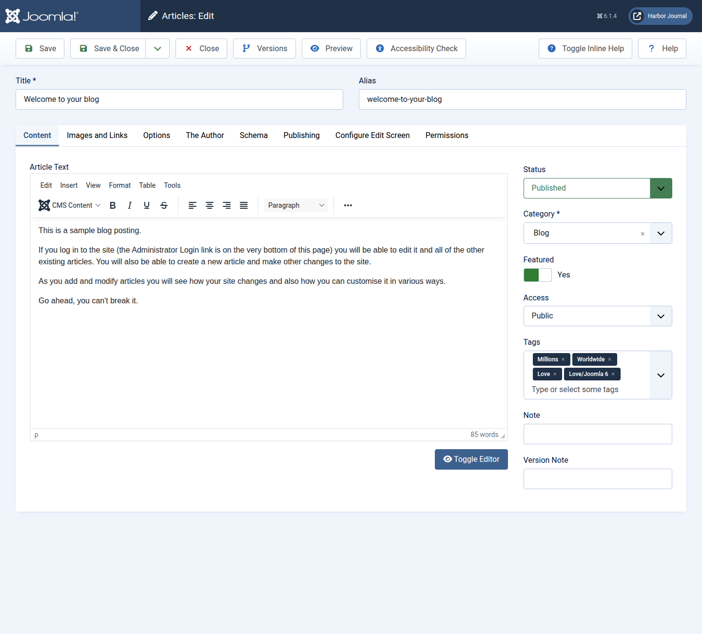 Joomla 6 article editor