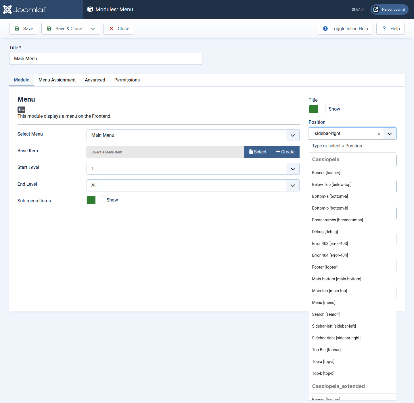 Joomla 6 module edit with position and template styles