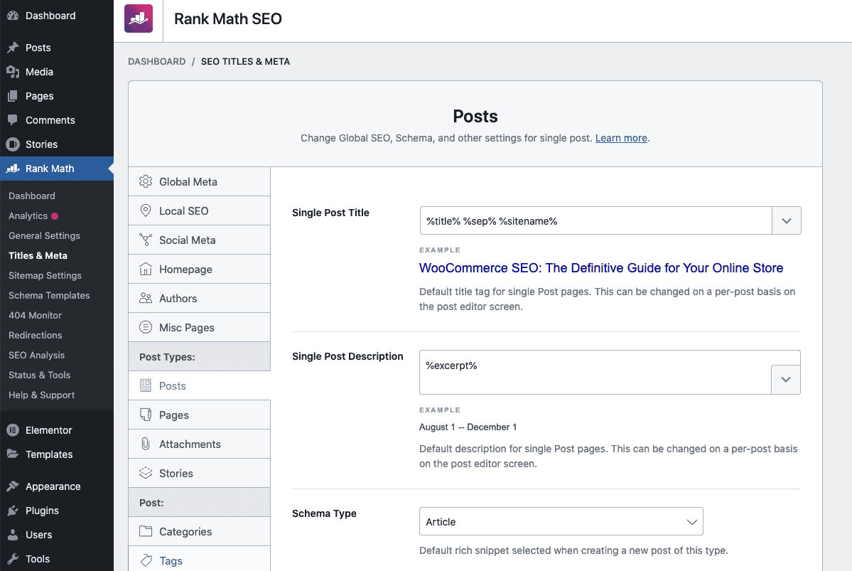 Rank Math Global Schema Setup by Post Type